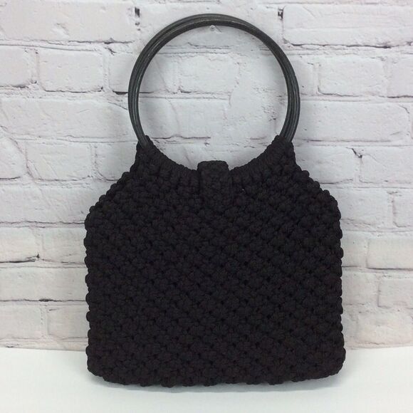 Vintage Macrame Handmade Pocketbook Black Boho Hippie Hoop Shoulder Bag Lined - Picture 6 of 7
